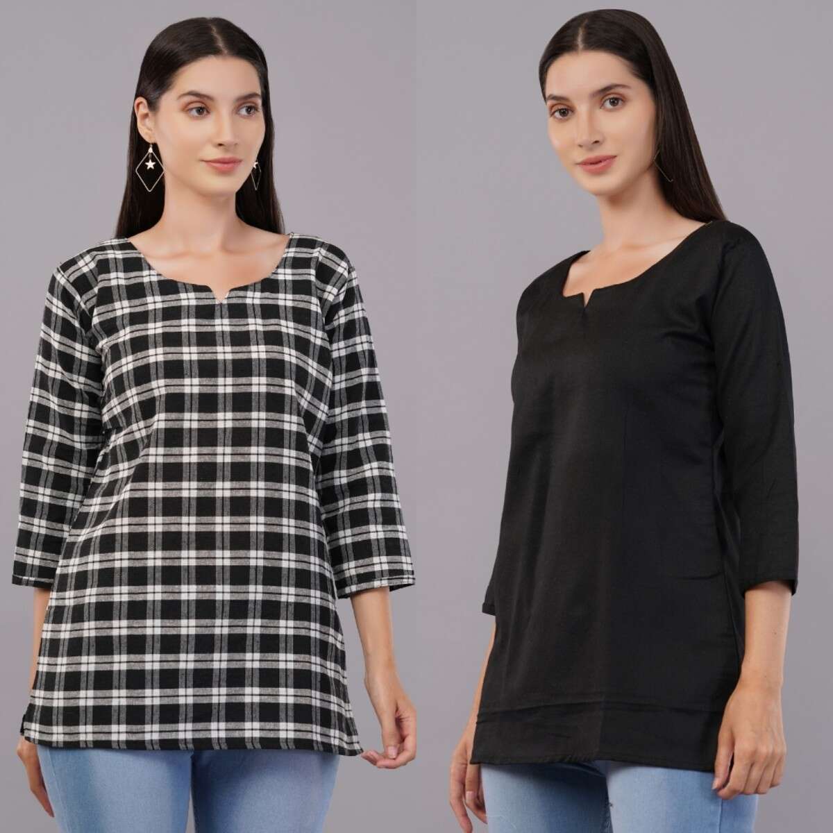 Women Checkered, Solid Kurta (Black, White)