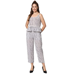 PPTOSS Women's Printed Polyester Rayon Regular Fit Striped Jumpsuit Maxi Dress (White)