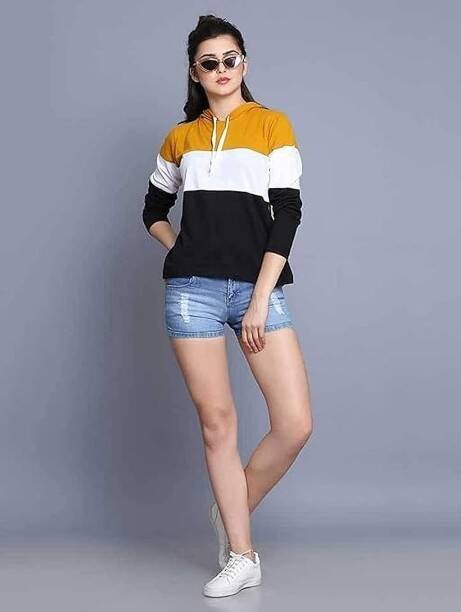 Women Colorblock Hooded Neck Cotton Blend Gold T-Shirt