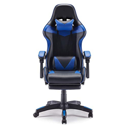 Sunon Ergonomic Reclining Gaming Chair with Headrest and Lumbar Support, Premium Leather and Soft Fabric, Retractable Footrest (Medium Size, Black & Blue)