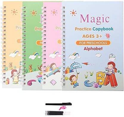 Magic Practice Copybook, (4 BOOK + 10 REFILL+ 1 Pen +1 Grip) Number Tracing, Sank Magic Practice Copy(Hardcover, China)
