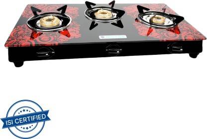 MILTON Premium Ignition LPG Stove - (ISI Certified, Door Step Service) Red Glass Manual Gas Stove(3 Burners)