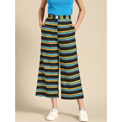 Sangria Women Black & Yellow Striped Knitted Cropped Cotton Palazzos