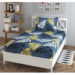 la' amour Premium Glace Cotton 180 TC Flat Single Bedsheets for Summer Breathable | Wrinklefree (Size-60 X 90 Inch) with 1 Pillow Covers (Size-17 X 27 Inches, White Grey Leaf)