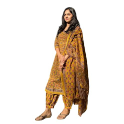 KLOSIA Women Printed Kurta and Pant Set with Dupatta (Large) Mustard Yellow