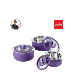 Cello Royale Set of 3 Violet Insulated Inner Steel Casserole-600ml, 1.1L, 1.6L