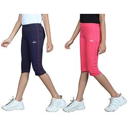 Quco Premium Girls Capri with Attractive Colors Cotton Capris (3/4 th Pant) - Navy, Pink 10-11 Yrs Pack of 2