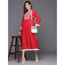 Indo Era Striped Round Neck Embroidered A-Line Midi Ethnic Dress