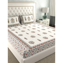 LA VERNE Off White & Beige Floral 140 TC Cotton King Bedsheet with 2 Pillow Covers