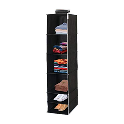 PrettyKrafts Clothes Hanging 6 Shelf Organizer, Wall Hanging Organiser, Compartment Clothes Storage Wardrobe Organizer, Non Woven Fabric + Engineered Wood Inside, Foldable Closet organizer, Black