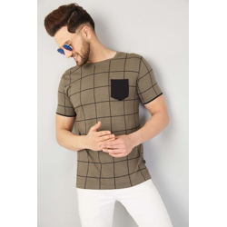 RodZenMen Checkered Round Neck Pure Cotton Brown T-Shi...