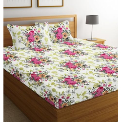 BSB HOME Presents Pure Microfiber 144 tc Double Bed Bedsheets for Double Soft Breathable Wrinklefree Sheets with 2 Regular Size Pillow Covers (218 x 220 cm, Colour- White & Rose Print)