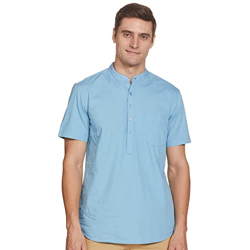 Amazon Brand - Symbol Men's Solid Regular Band Collar Half Sleeve Casual Shirt (SY-S22-CS-03_Blue plckt S)