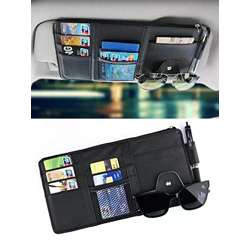 AUGEN PU Leather Multi-Function Car Space Sun Visor Organizer Hanging Phone Storage Pouch Holder with Multi-Pocket Net Zipper (Black) (Pack of 1)