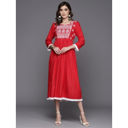 Indo Era Women Fit and Flare Red, White Dress