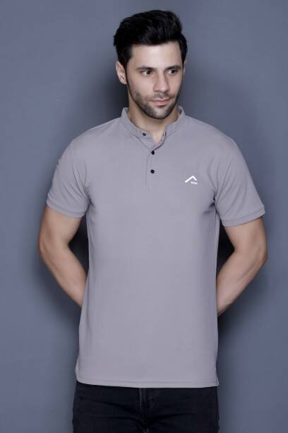 Men Solid Polo Neck Cotton Blend Grey T-Shirt