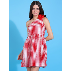 DODO & MOA Checked Fit & Flare One Shoulder Mini Dress