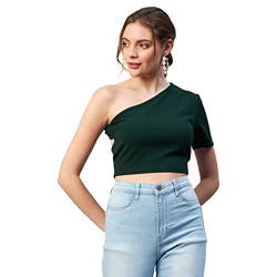 Rare Women Casual Green Colour One Shoulder Solid Fitted Top