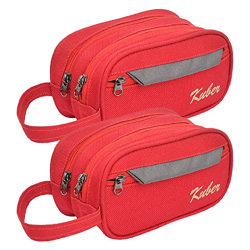 Kuber Industries Canvas Toiletry Organizer|Portable & Durable Carrying Strip Travel Shaving Doop Kit with 2 Zipper ComparMants and Fornt Zipper Pack of 2 (Red)