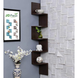 JD FRESH Wooden Wall Shelves | Corner Hanging Shelf for Living Room Stylish | Zig Zag Home Decor Floating Display Rack Storage Organizer with Finish 5 Tiers (Brown)