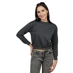 Freehand Women's Polyester Solid Crop Long Sleeves Overhead-Crewneck Sweatshirt Charcoal Black