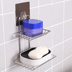 VazzLox Soap Dish Holder Self Adhesive Wall Mounted Soap Sponge Holder Stainless Steel Storage Saver Rack for Home Kitchen Bathroom Shower (2 Layer Shop Holder)