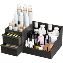 E-COSMOS Large Capacity Cosmetic Storage Box Makeup Drawer Organizer Jewelry Nail Polish Makeup Container Desktop Sundries Storage Box, Plastic (Black)
