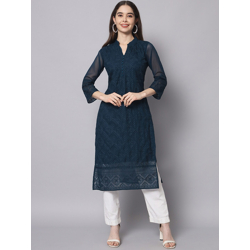 HERE&NOW Women Navy Blue Ethnic Motifs Embroidered Thread Work Georgette Kurta