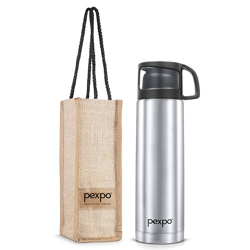 Pexpo Fererro |ISI Certified|Vacuum Insulated Hot & Cold Stainless Steel Flask|Jute Bag|- 1000ml Silver |Steel Bottle|Thermoflask|Leak Proof|Travelling|School & Trekking|Office|Men, Women & Kids