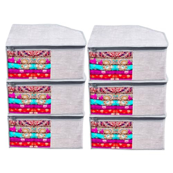 Kuber Industries Blouse Cover | Clothes Storage Bag | Zipper Closure Wardrobe Organizers | Clothes Organizer with Transparent Window | Clothes Bag | Jute Printed | Pack of 6 | Gray
