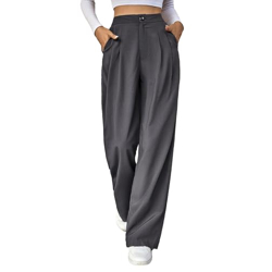 KOTTY Women's Cotton Blend Straight Fit Cross Pocket Solid Trousers Dark Grey