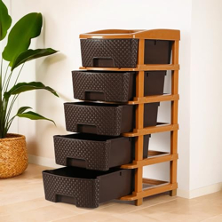 Kuber Industries Plastic 5 Tier Multipurpose Modular Drawer Storage Rack | Kitchen & Home Essentials Organizer Storage Box Cabinet | Almira Set for Stationary, Kitchen, Cosmetic | Chocolate Brown