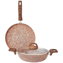 Amazon Basics 2-Piece Non-Stick Cookware Set, Granite Finish, Induction Base (1 Deep Kadai - 24 cm, 1 Tawa - 28 cm; Rust Granito)