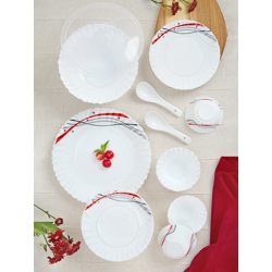 Larah by BOROSIL Jupiter White & Red 44 Pieces Opalware Crocker Dinner Set