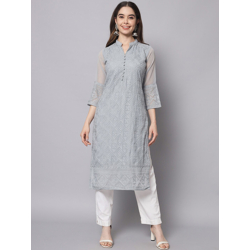 HERE&NOW Women Grey Ethnic Motifs Embroidered Thread Work Georgette Kurta