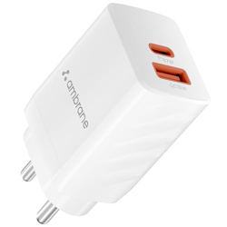 Ambrane 67W Dual Port GaN Charger,Fast Charger Adapter for Laptop, Lenovo, HP, ASUS, Dell, MacBook, iPhone Series, Samsung & Other Devices, USB & Type C Port with QC & PD Technology (Charge 67, White)