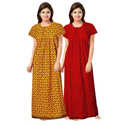 NEGLIGEE Women's Cotton Printed Nighty for Women Night Gown Maxi Combo Pack of 2 - Free Size (Red, Yellow)