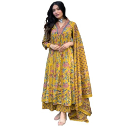 GoSriKi Women's Rayon Blend Anarkali Printed Kurta with Pant & Dupatta & Dupatta (CIA Yellow-GS_M_Yellow_Medium)