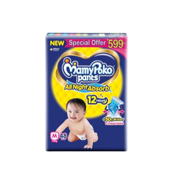 MamyPoko Pants All Night Absorb Baby Diapers, Medium (M), 48 Count per Pack, 7-12 kg, Pack of 2 (96 Count)