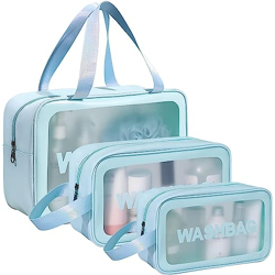 KUKLAR Wash Bag Pouch for Travel Kit Toiletry Bag Cosmetic Bag Make Up Box for Brushes, Accessories with Handle, Large Capacity Translucent Waterproof Travel Storage Organizer Set of 3 (Sky Blue)