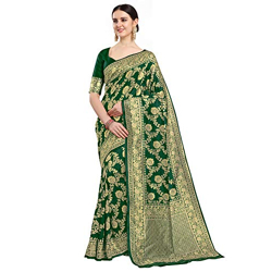 EthnicJunction Women's Banarasi Silk Blend Woven Saree With Blouse Piece (EJ6008-1014-Cherry-Mehendi_Mehendi)