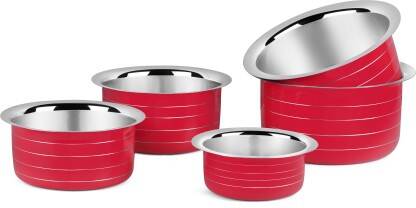 Classic Essentials induction friendly Tope cookware set (5 piece ) Red Tope Set 600 ml, 900 ml, 1200 ml, 1600 ml, 2000 ml capacity 11 cm, 12.5 cm, 14 cm, 15.2 cm, 16.7 cm diameter(Stainless Steel, Induction Bottom)
