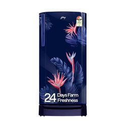 Godrej 183 L 3 Star | Toughened Glass Shelves | 24 Day Farm Freshness | Jumbo Vegetable Tray | Turbo Cooling Technology | Direct Cool Single Door Refrigerator (RD R190C THF FR BL, Floral Blue)
