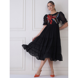 Antheaa Embroidered Round Neck Puff Sleeve Tiered Fit & Flare Midi Dress