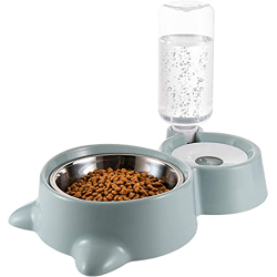 CREDLY Double Bowl Water and Food Cat Feeder Detachable Stainless Steel Bowl and Automatic Water Dispenser Bottle for Kitten, Puppies and Small Cat Dog Blue Set of 1