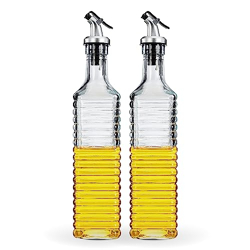 Amazon Brand - Solimo Oil Dispenser With Spout, Juices; Leak-Proof, Dust-Proof, Messy-Pour-Free, Silica Glass, Striped Design, Set Of 2, 500 Ml, Transparent