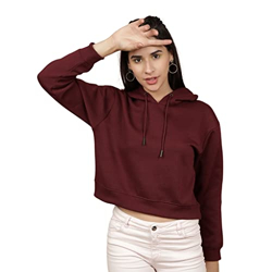 Freehand Women's Polyester Solid Crop Long Sleeves Overhead-Hooded Sweatshirt Wine