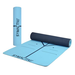 Amazon Brand - Symactive 6mm Premium Anti-Skid Supersoft Alignment Dual Color TPE Yoga Mat with Carrying Strap for Men & Women (2x6 Ft, Dark/Light Blue)