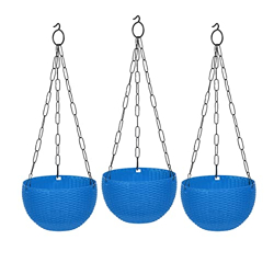 GTB Hanging PLANTERS Round Shape Garden Hanging Flower Port | Plastic Flower Pot | Hanging Planter | Metal Hanging Chain | Flower Pots for Home Garden Balcony Pack of 3 (Blue)