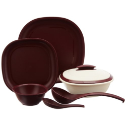 Signoraware Matt Finish Square Plastic Dinner Set, 27-Pieces, Maroon